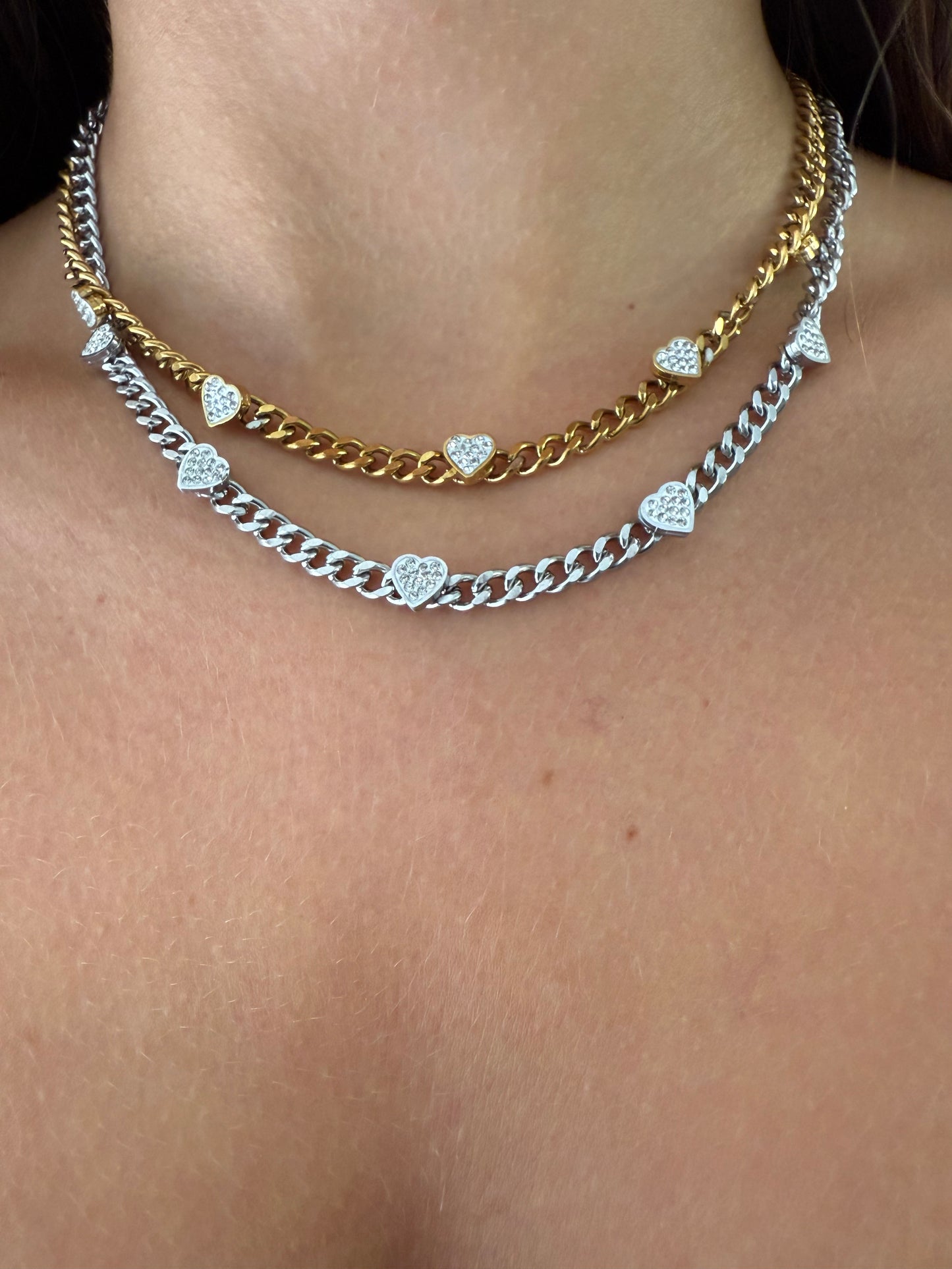 1975 Collection Heart Charm Necklace in Silver or Gold with Cuban Link