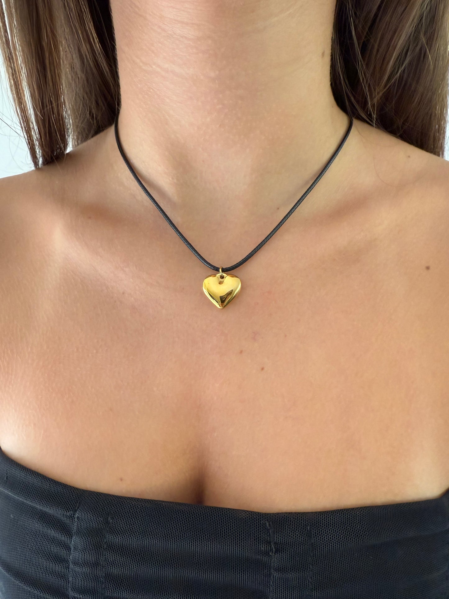 1975 Collection Small Gold heart pendant on Black Silk Cord Necklace