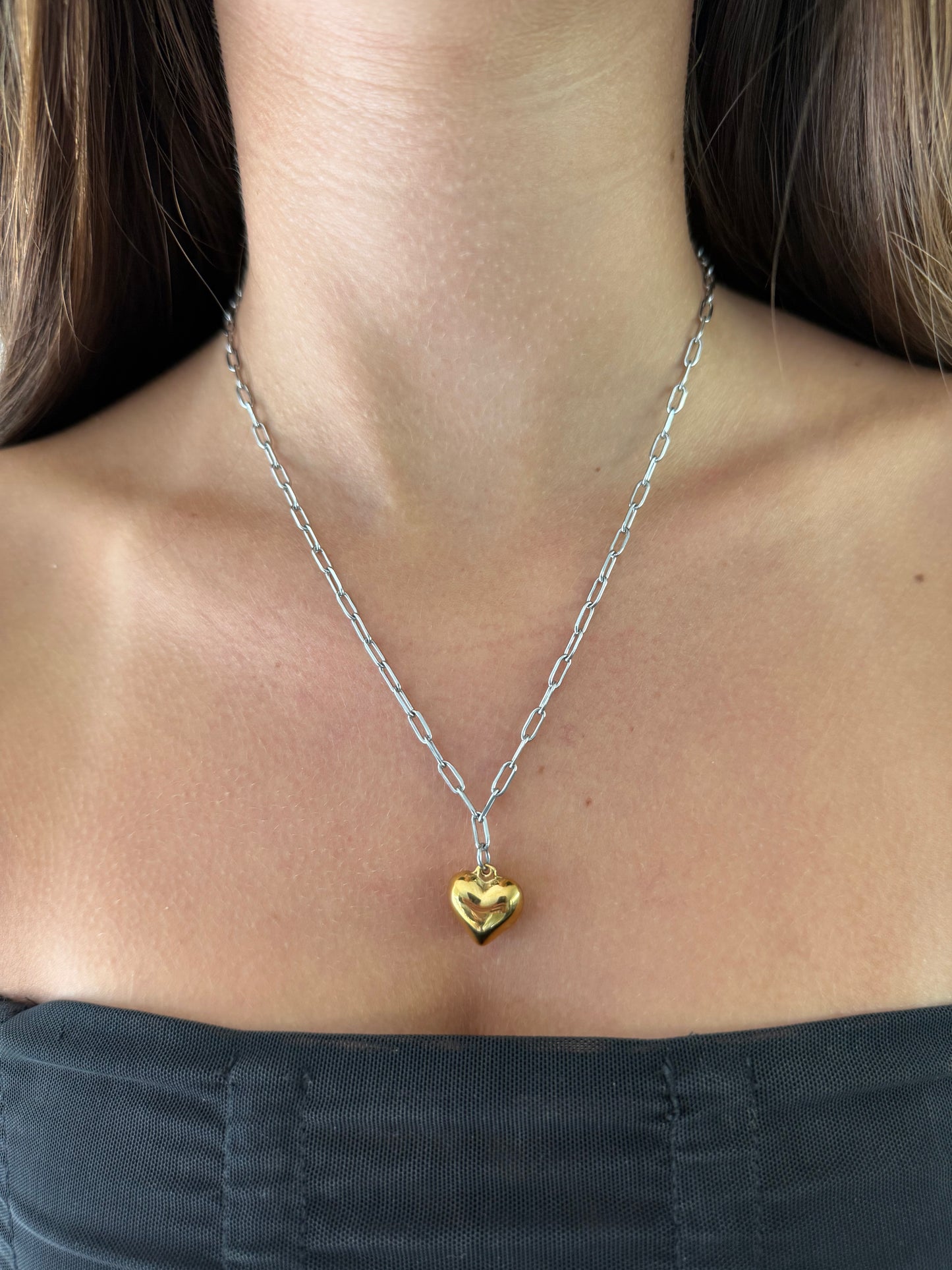 1975 Collection Silver Paperclip Chain with Small Gold Heart Pendant